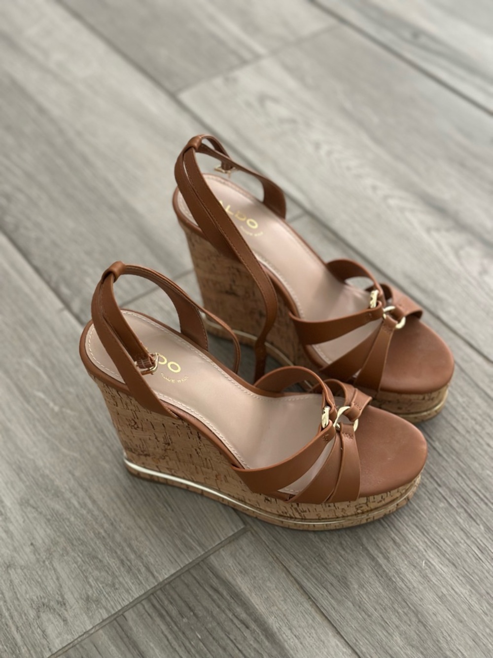 Aldo Tan Brown Yeraweth Wedge Sandals with Gold Accent, Pillow Walk